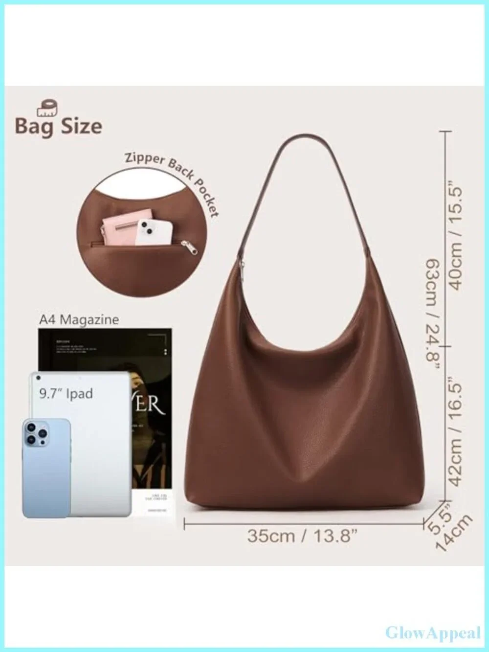 Vegan Leather Slouchy Hobo Tote Bag with Zipper Pockets